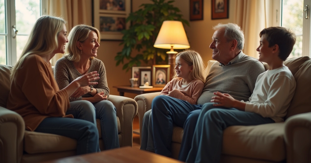 Família reunida conversando na sala de estar 