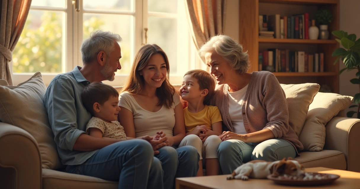 Família sentada em sala, conversando, em clima acolhedor 