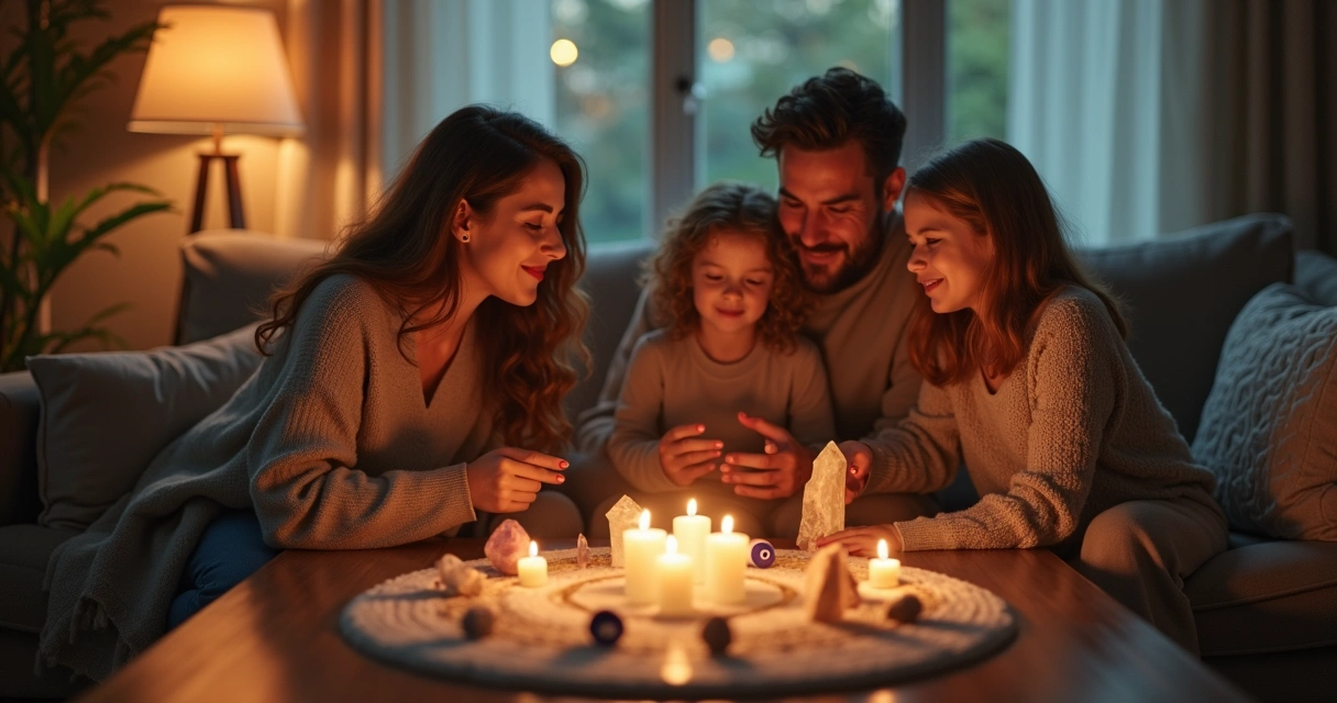 Família reunida na sala com cristais e símbolos de harmonia na mesa central. 