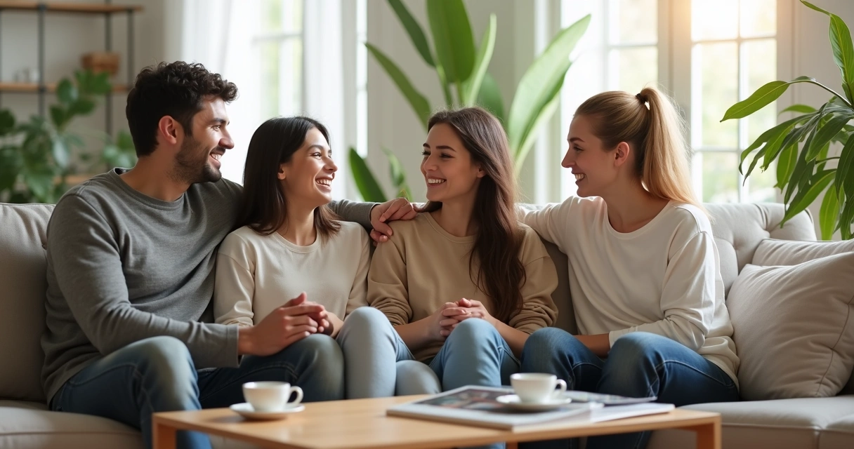 Família reunida em sala conversando de maneira acolhedora 