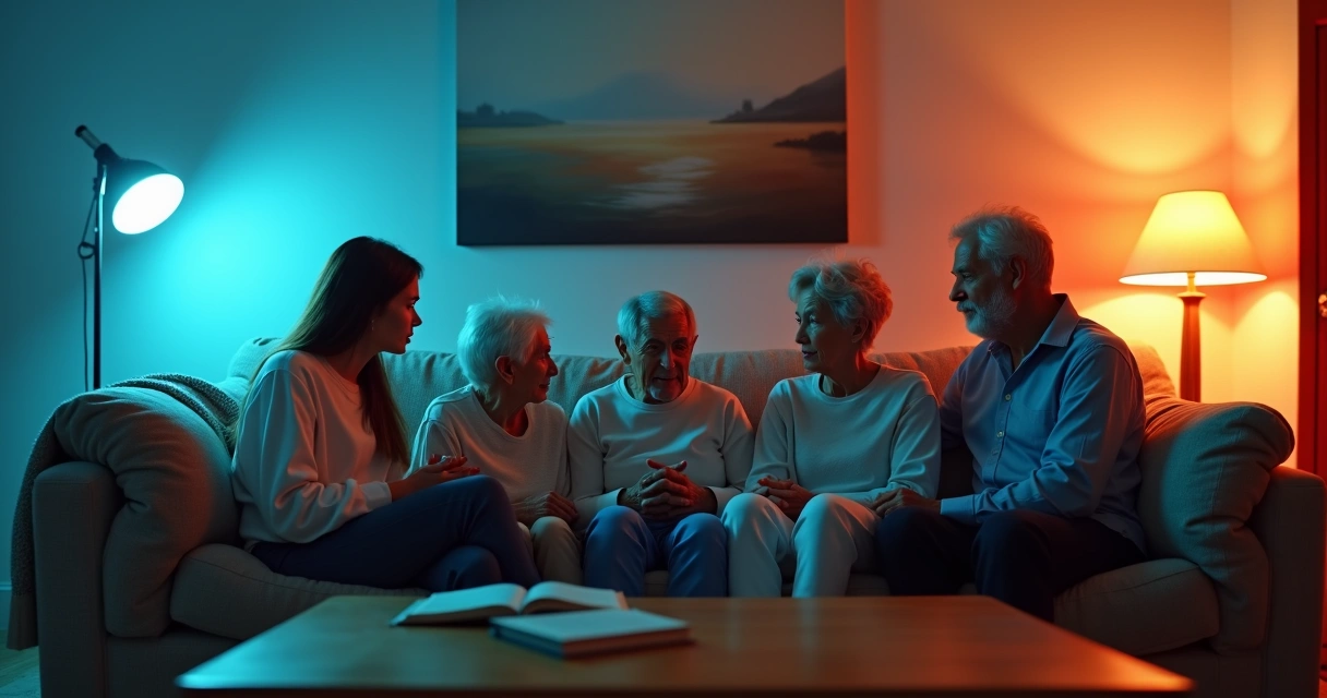 Família sentada na sala dividida por luzes azul e vermelha contrastantes 