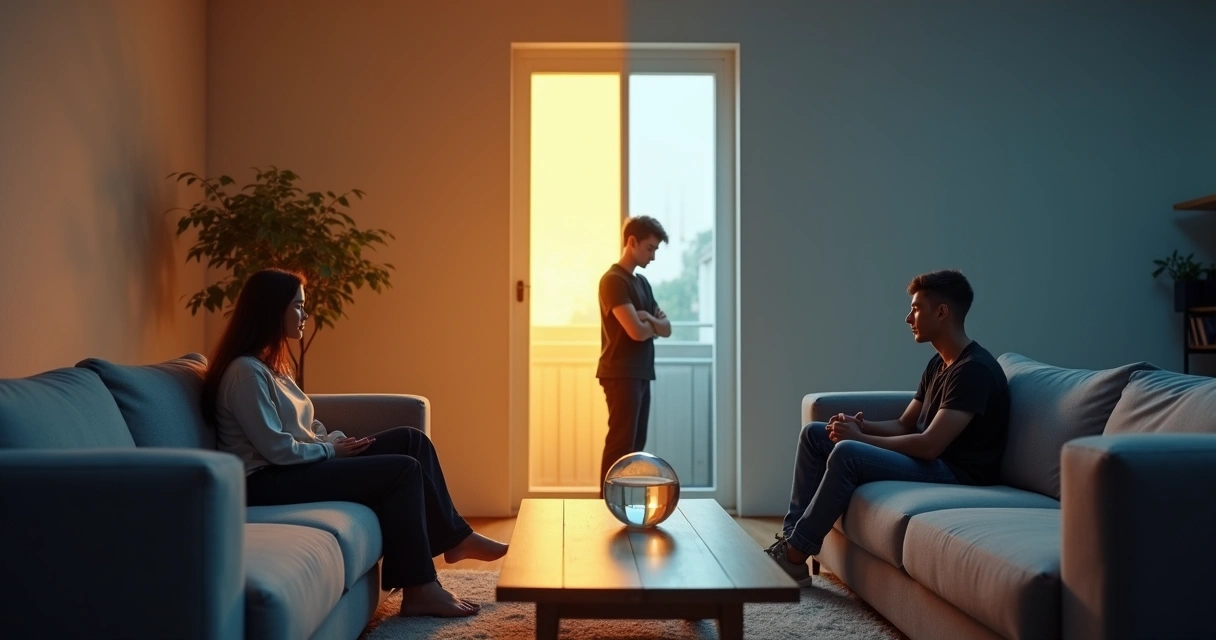 Família em sala dividida entre luz e sombra simbolizando bloqueios de consciência 