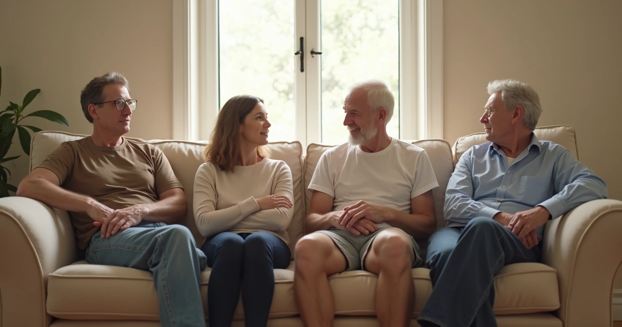 Quatro pessoas de uma família sentadas na sala de estar, olhando umas para as outras