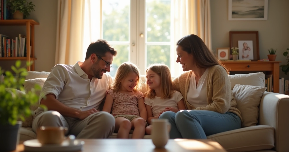 Família interagindo com afeto em uma sala de estar 