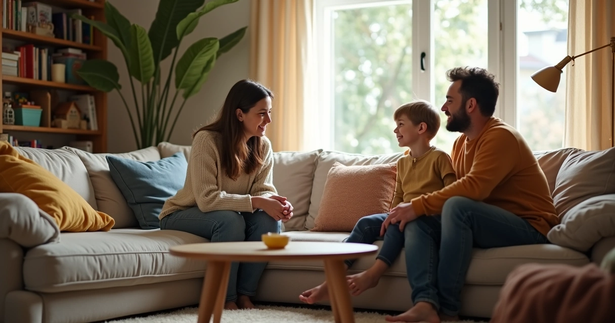 Família sentada em sala de estar conversando de forma atenta 