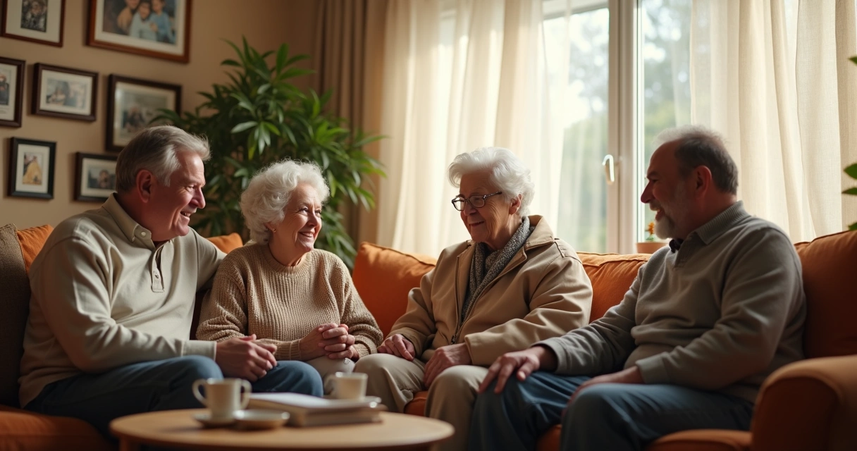 Família reunida em uma sala de estar conversando