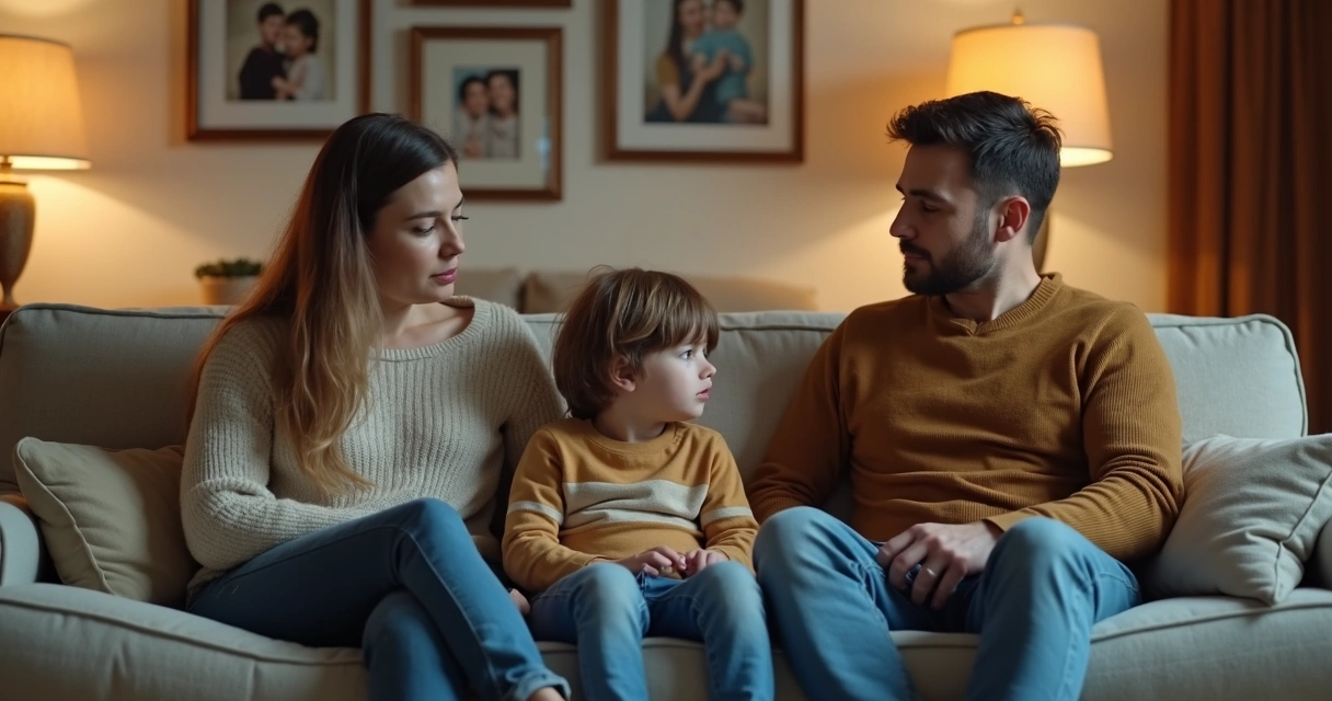 Família na sala de estar, três pessoas envolvidas em conversa tensa 