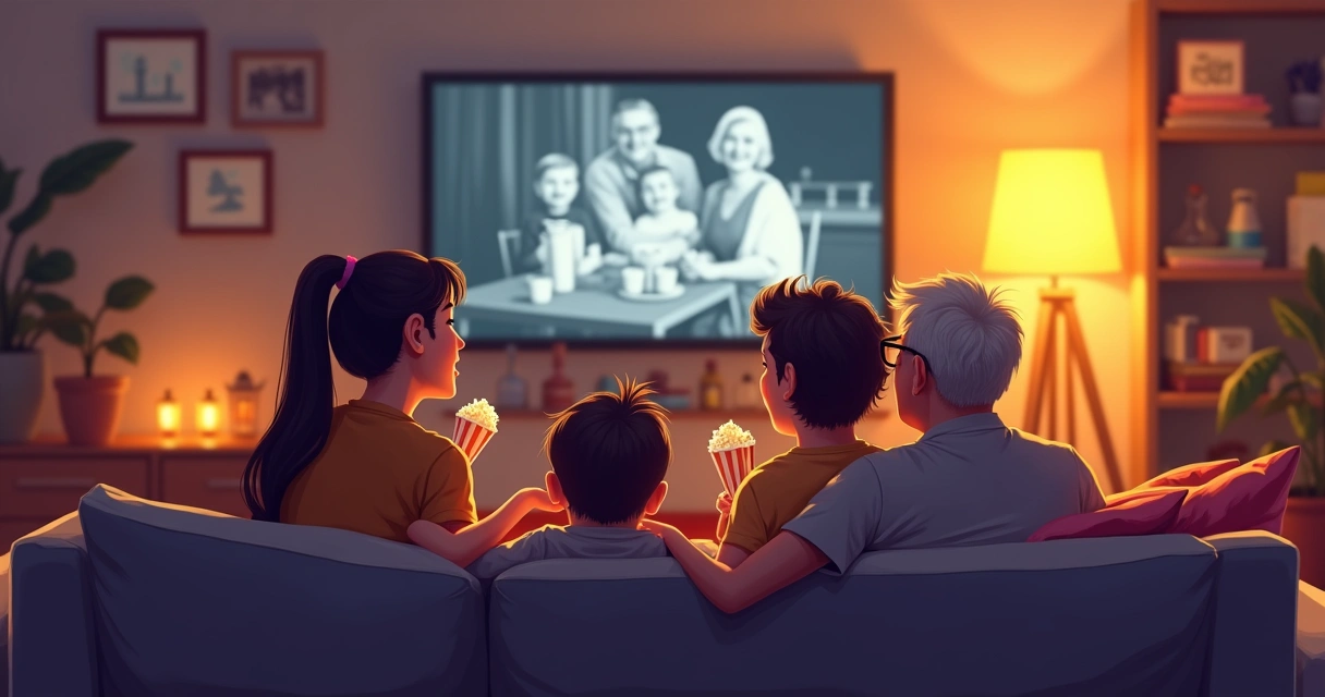 Família assistindo filme clássico junta no sofá 