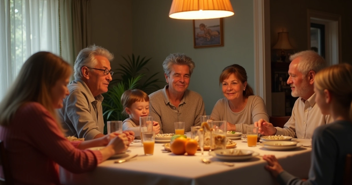 Família reunida em uma mesa de jantar, algumas pessoas sorrindo, outras de cabeça baixa 