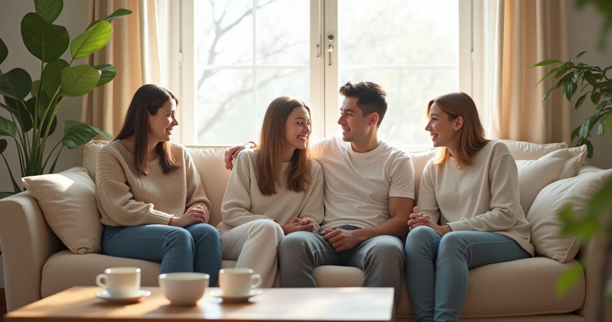 Família em sala de estar sentados conversando 