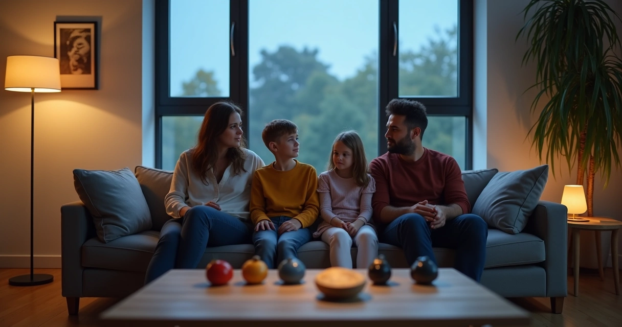 Familia sentada en sala de estar con máscaras de emociones sobre la mesa 
