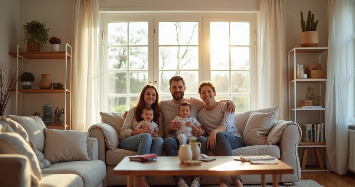 Família feliz em sala com móveis recém-montados 