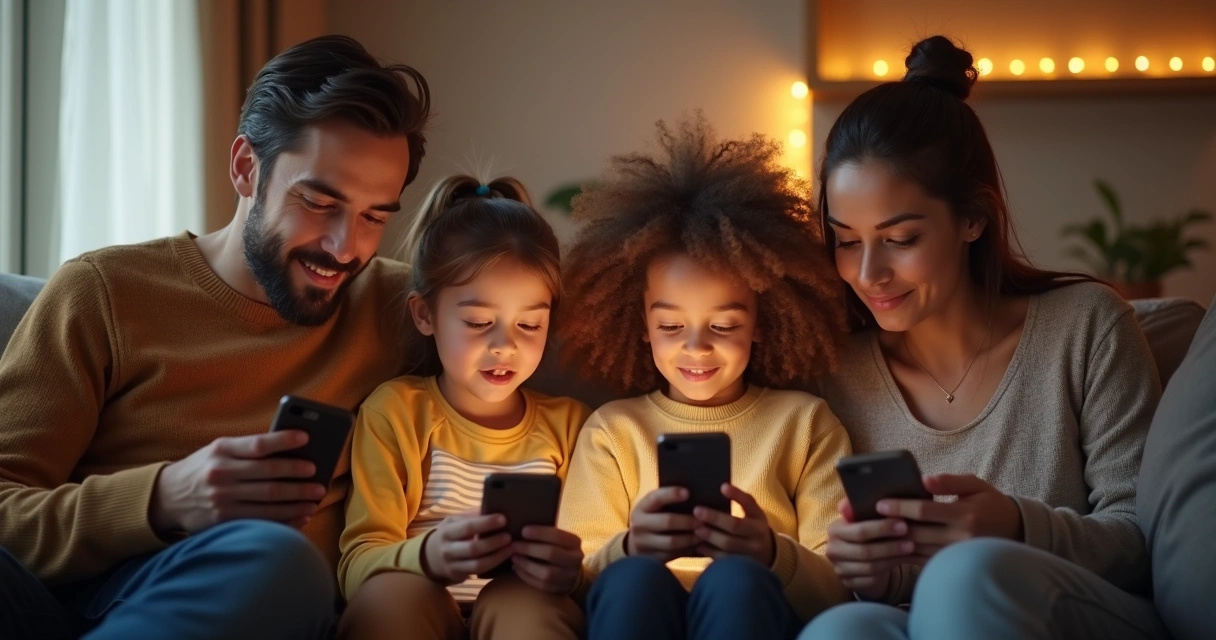 Família reunida em sala, cada um olhando o próprio celular 