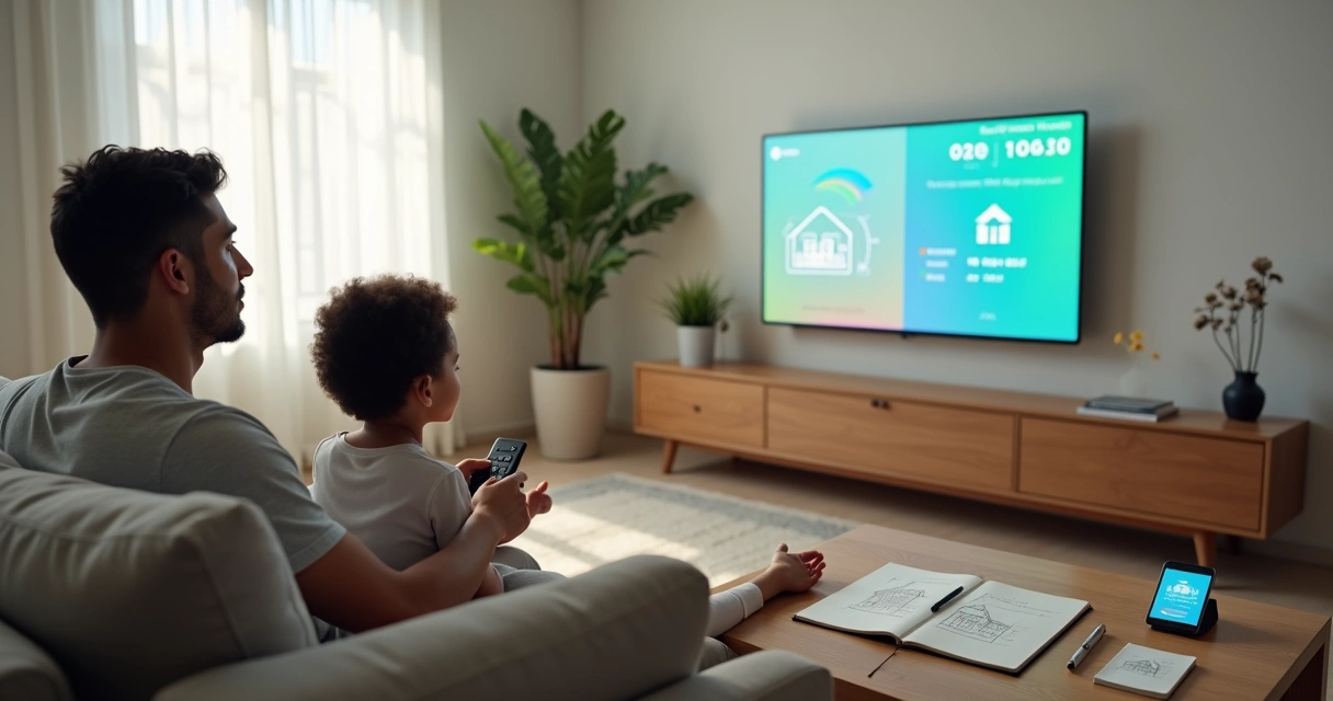 Família em sala simples olhando televisor com simulação de financiamento de casa 