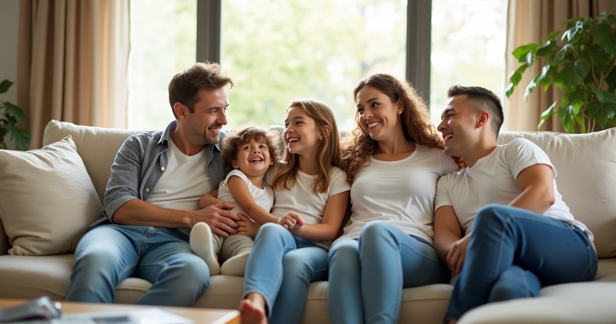 Família sorridente reunida em sofá limpo e iluminado 