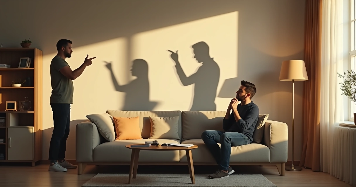 Adulto percebe sombras de conflito projetadas pela família na parede da sala 