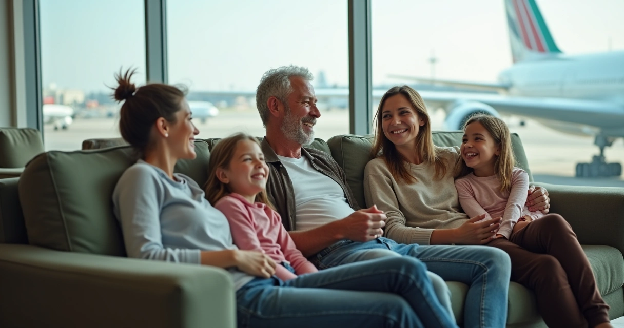 Família reunida em sala VIP de aeroporto 