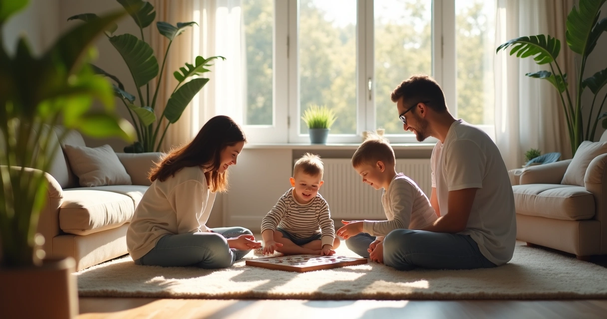 Familia sentada en el salón jugando y conversando en ambiente iluminado y natural. 