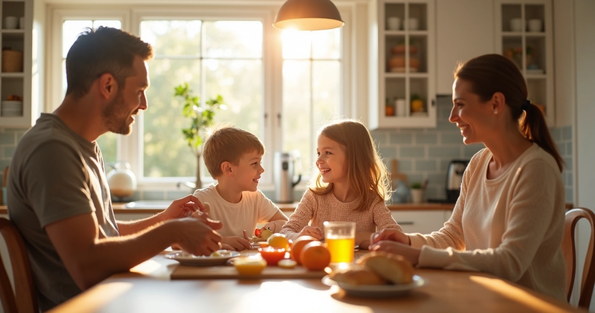 Familia reunida en la mesa compartiendo un desayuno saludable