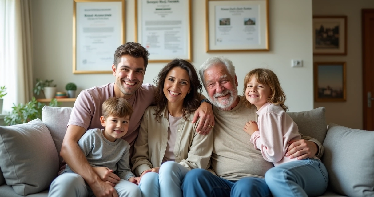 Família feliz reunida em sala iluminada, ao fundo quadros e contratos pendurados na parede