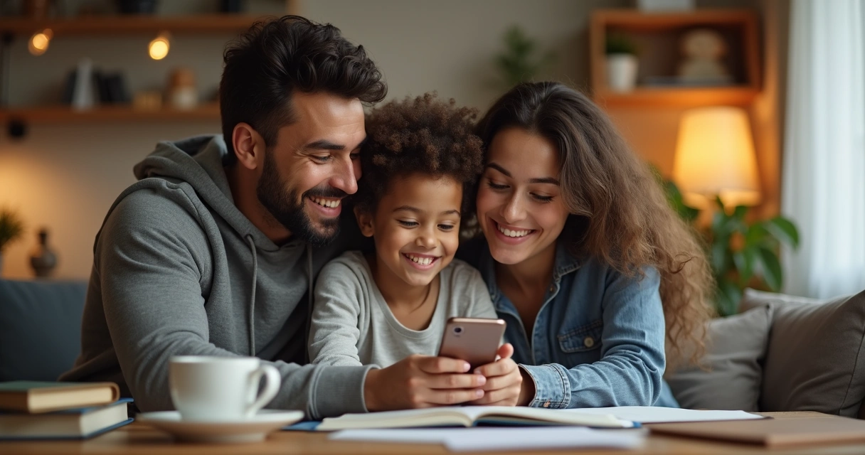 Família feliz recebendo confirmação de matrícula escolar via mensagem digital 