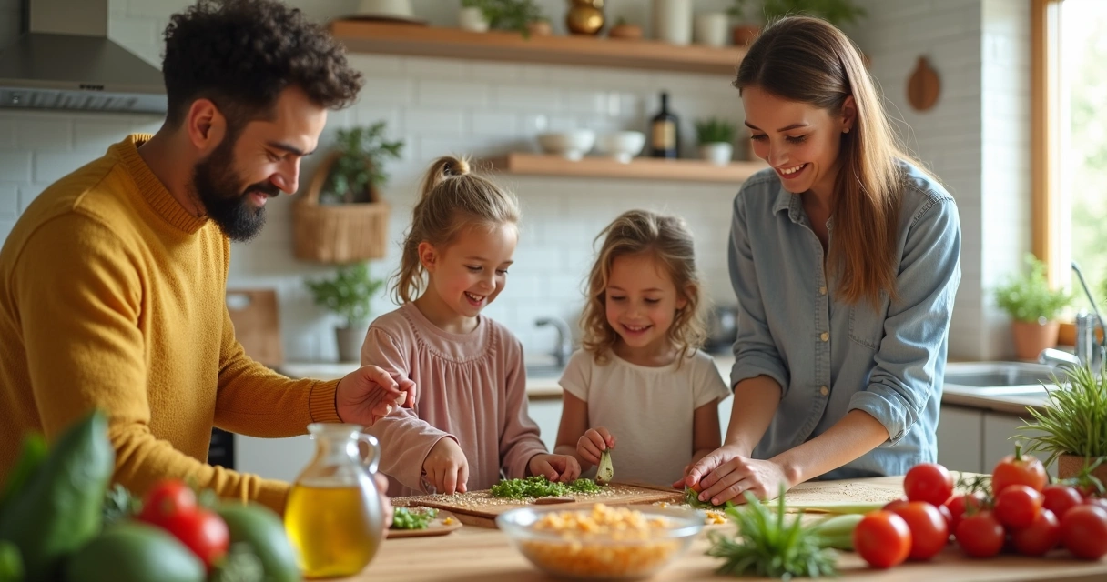 Família cozinhando comida caseira saudável juntos na cozinha 