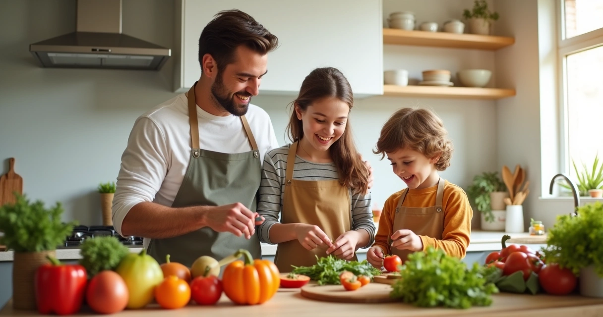 Família sorrindo na cozinha preparando alimentos saudáveis juntos