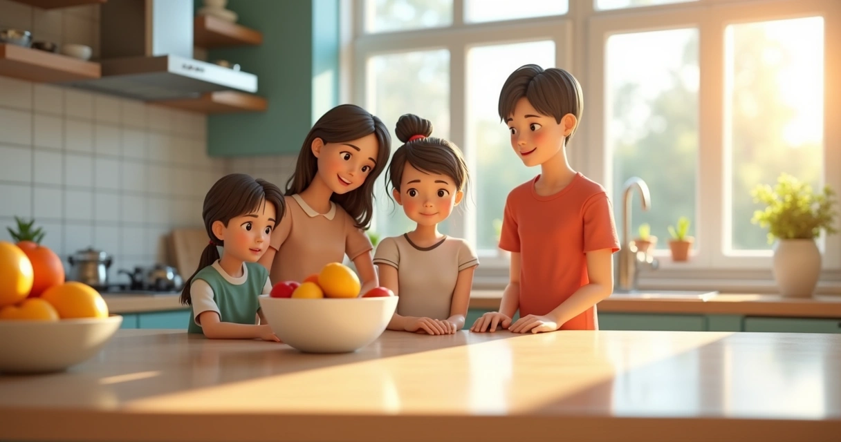 Família reunida em cozinha limpa e iluminada 