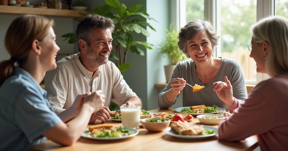 Família alegre compartilhando refeição saudável na mesa 