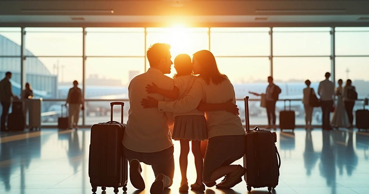 Família se abraçando em despedida no aeroporto 