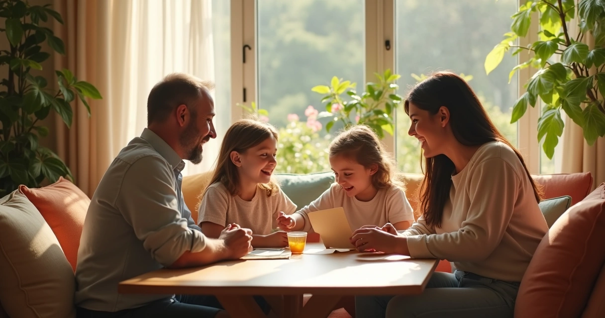 Família sentada em área comum de pousada compartilhando experiências 