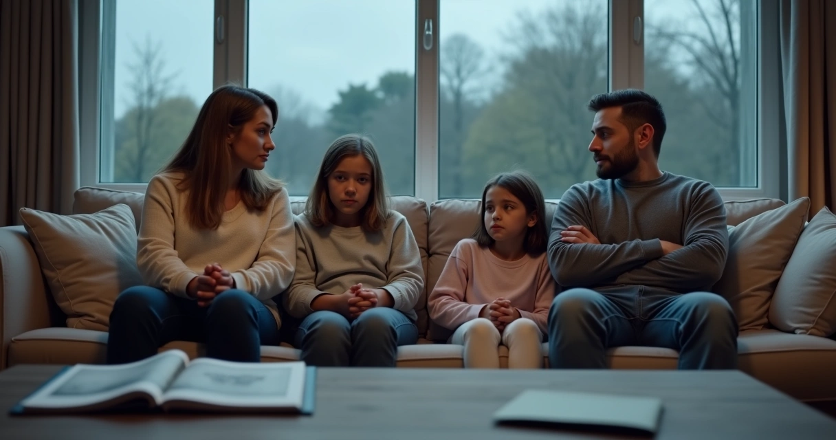 Família sentada no sofá com clima tenso e silencioso 