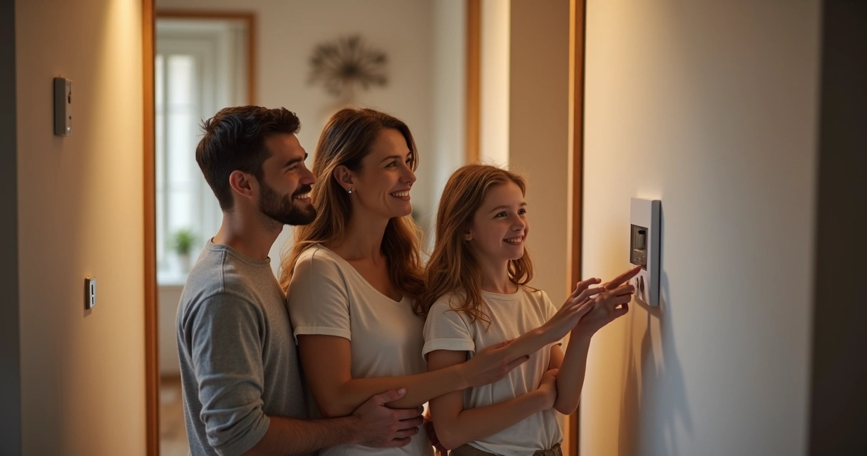 Família olhando para painel de alarme em casa