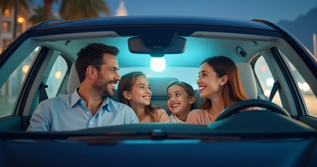 Família tranquila dentro de carro protegido por airbags