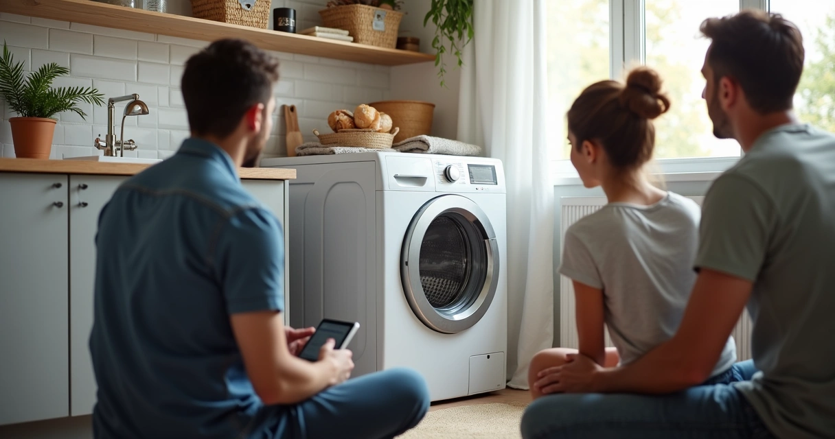 Família observa com segurança instalação de máquina de lavar 