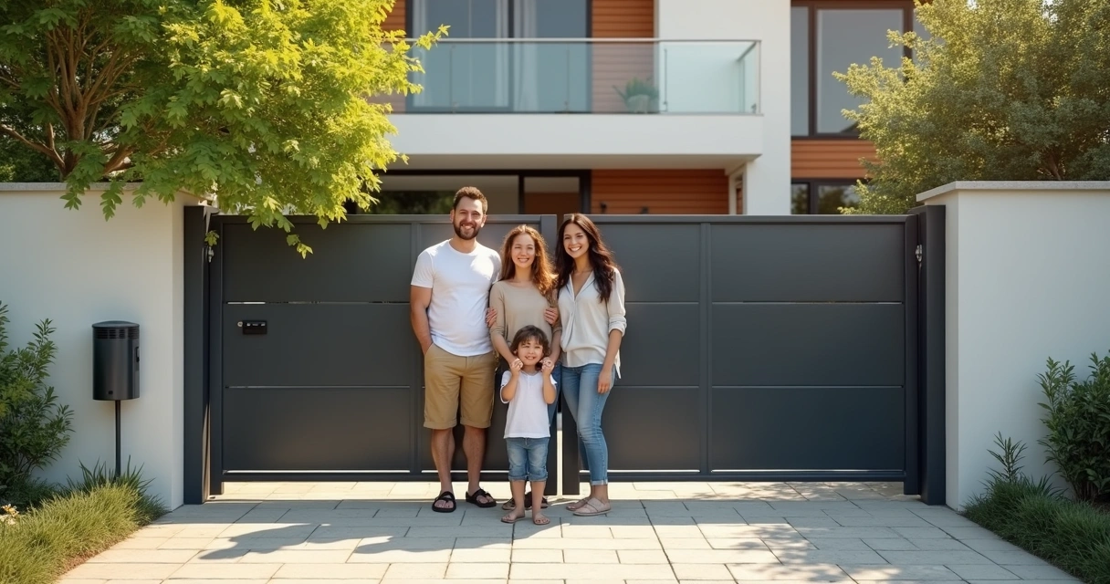 Família sorridente em frente ao portão automático aberto 