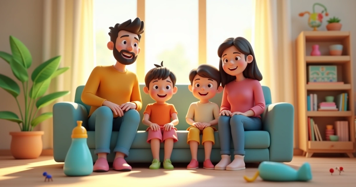 Família sorrindo em sala limpa após dedetização 