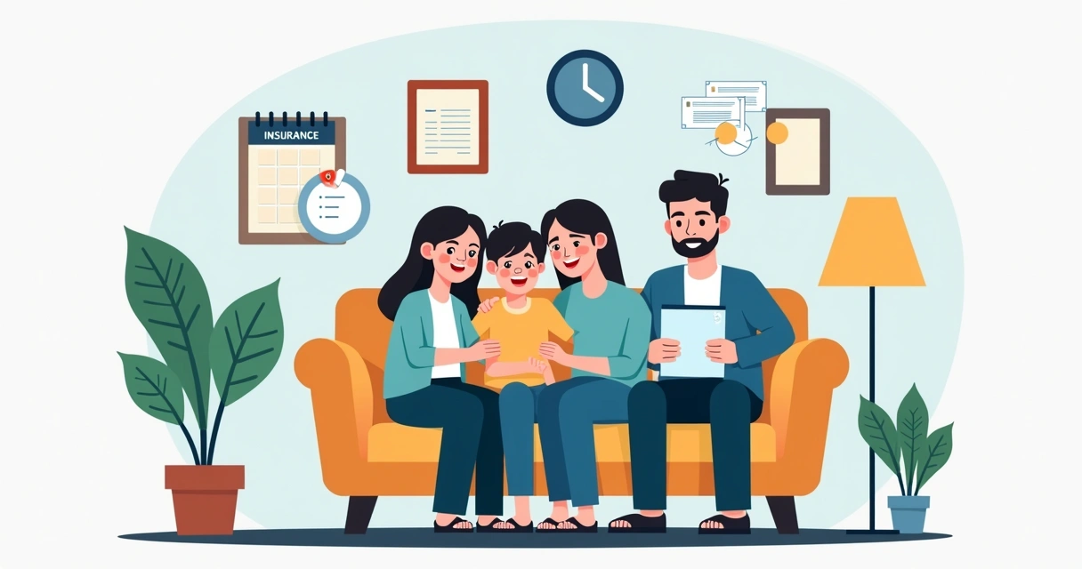 Família reunida e tranquila em casa, rodeada de documentos de seguro 