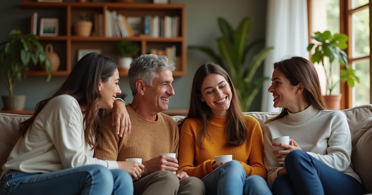 Família reunida no sofá de casa, conversando de forma descontraída