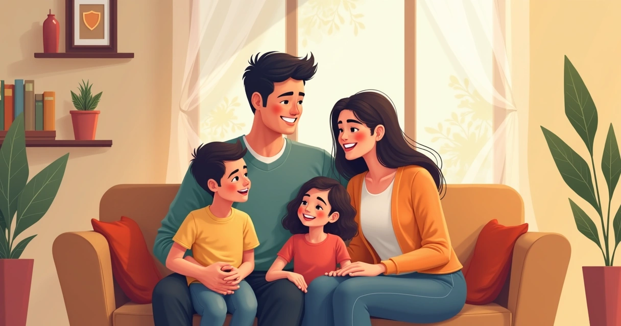 Família feliz reunida em casa aconchegante, simbolizando segurança e proteção 