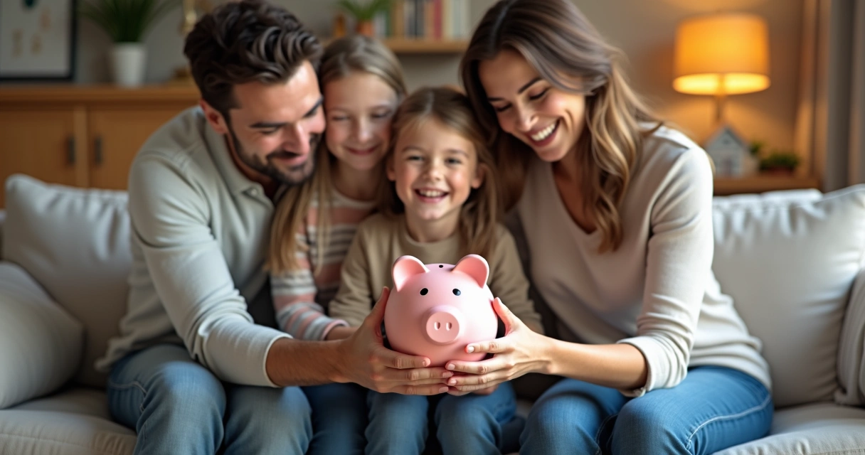 Família reunida no sofá segurando cofre de porquinho