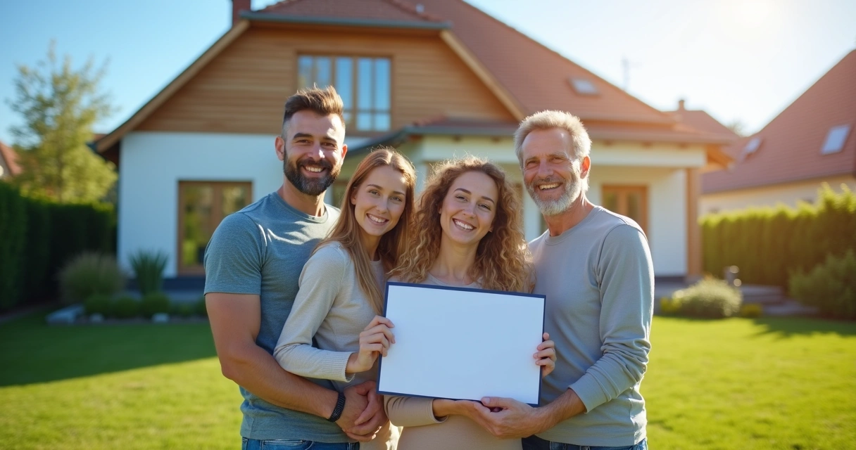 Família feliz comemorando diante de casa recém-legalizada 