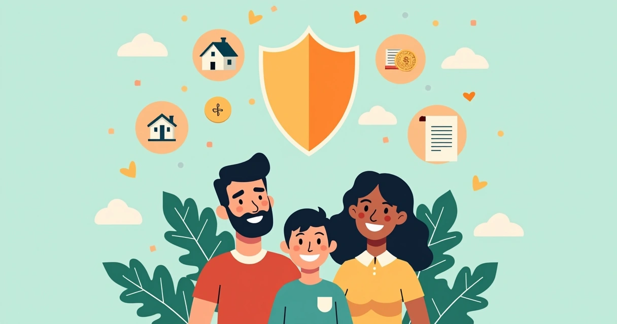 Família protegida sob um símbolo de escudo, simbolizando segurança patrimonial 