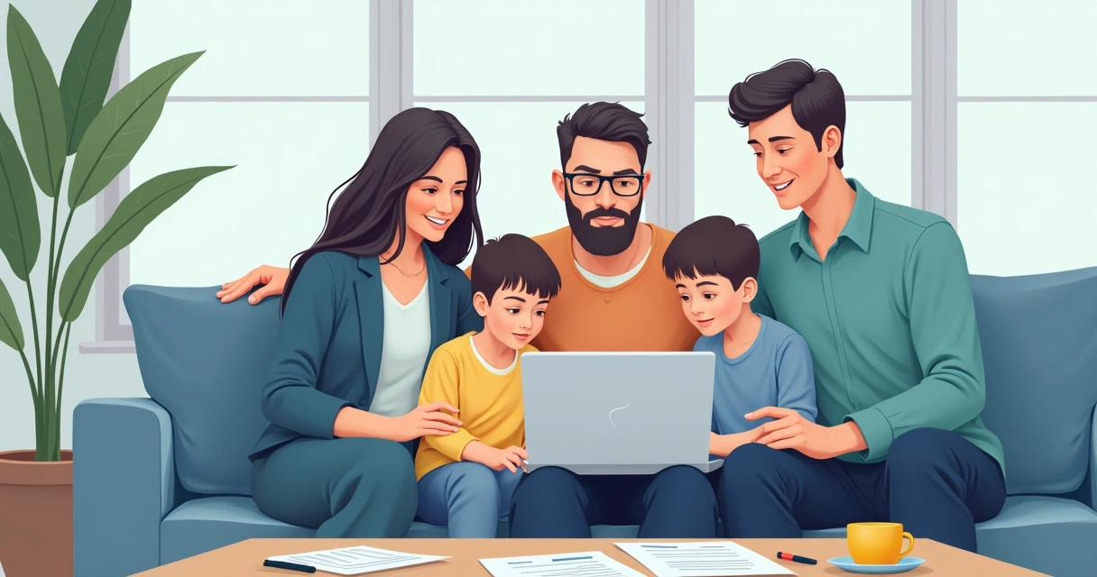 Família sentada em sala de estar, analisando contrato de seguro em notebook 