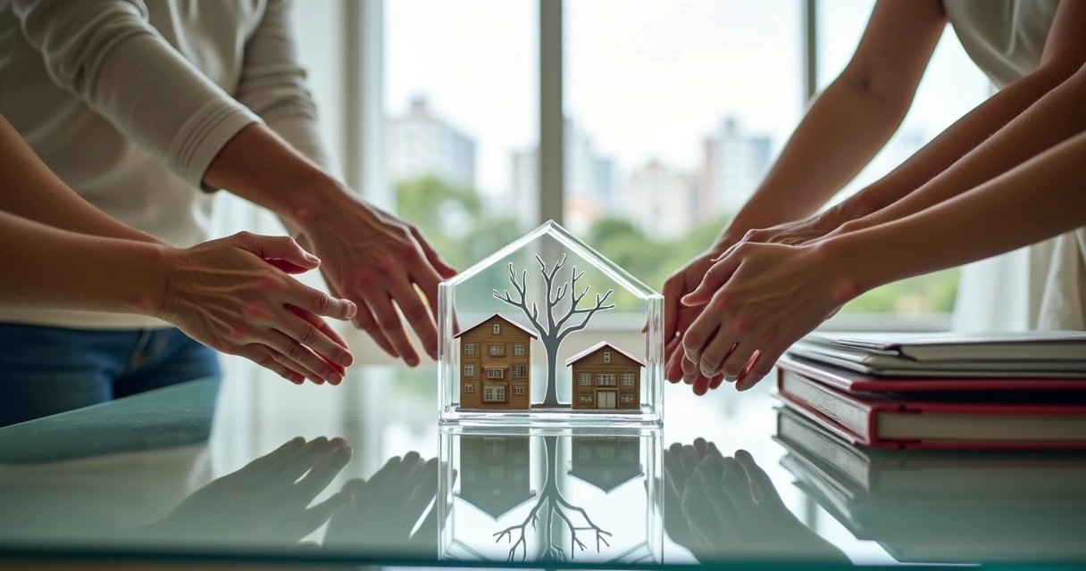 Família segurando miniaturas de casas sobre mesa de vidro 