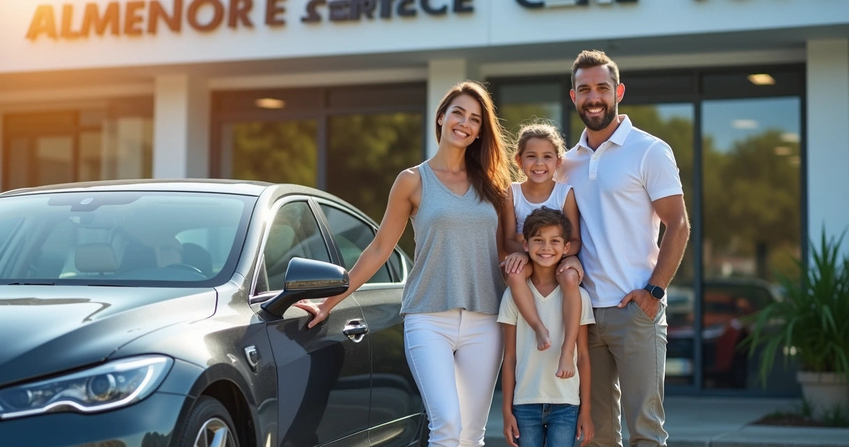 Família feliz ao lado de carro novo 