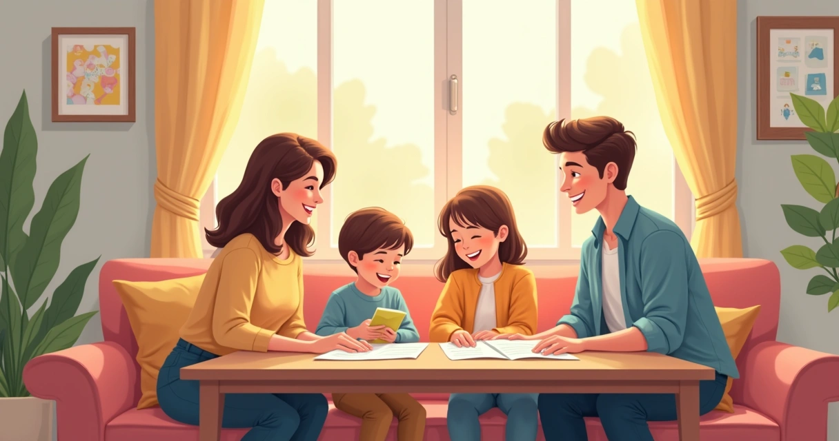 Crianças brincando com pais sorridentes em casa moderna, papéis de seguro de vida na mesa