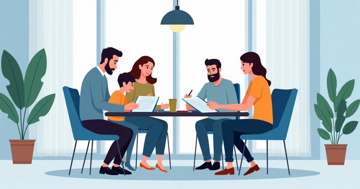Família reunida em mesa assinando seguro com consultor e analisando documentos 