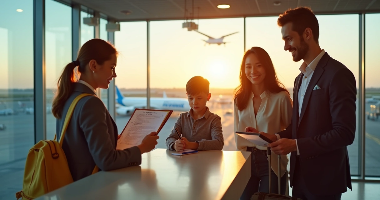 Família com crianças em aeroporto conferindo documentos de viagem com agente 