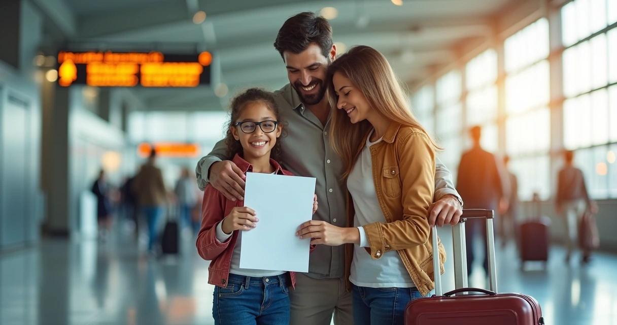 Família feliz no aeroporto mostrando apólice de seguro viagem 